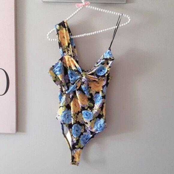 NWOT Zara multicolour floral print asymmetrical wide strap pleated bodysuit, S - Picture 11 of 12